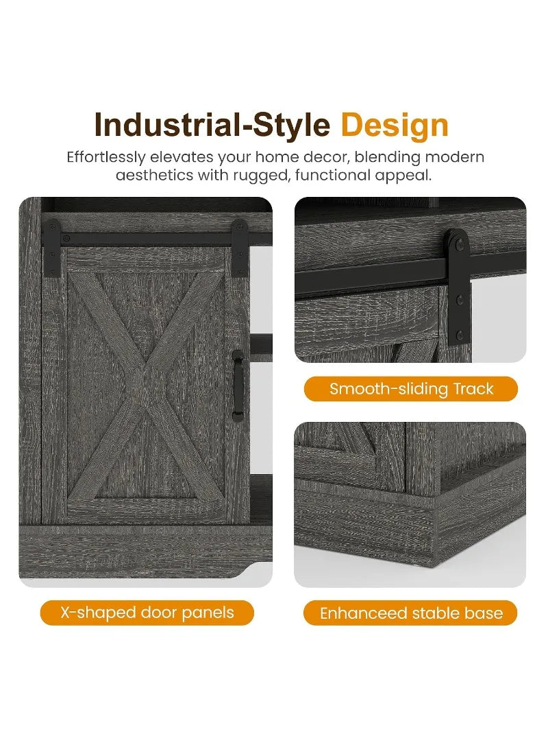 Farmhouse TV Stand for 23" Fireplace, 65" TV Console, 34" Tall Rustic Sliding Barn Door, Dark Grey, Customized