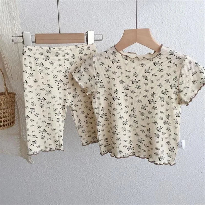 Summer T-shirt Sets Fashion Girls Short Sleeve Suits Kids Flower Printed Tops+Pants 2Pcs Children Casual Clothes Outfits