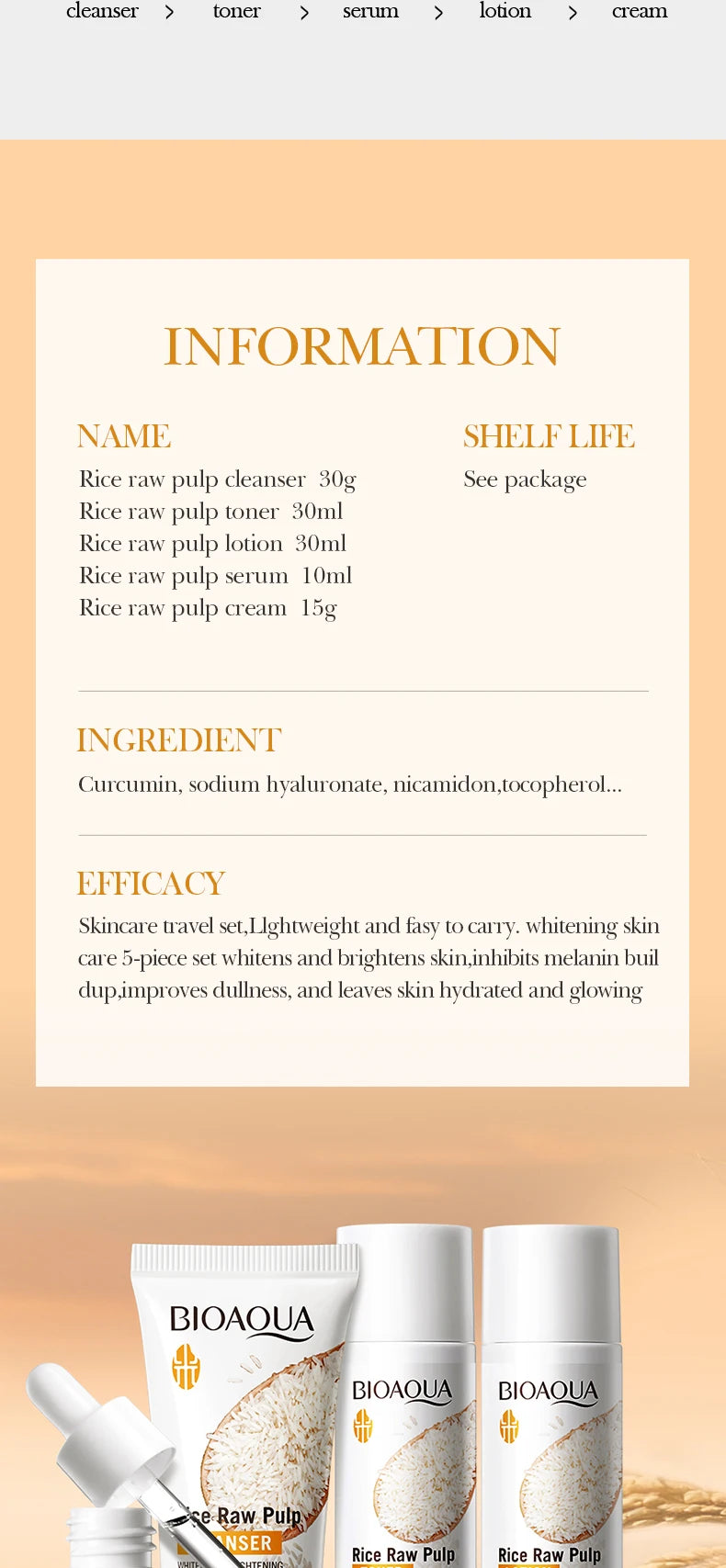 Rice Puree Skin Care Set & Soap Whitening Brighten Hydrating Moisturize Facial Cleanser+Toner+Essence+Lotion+Cream Skincare
