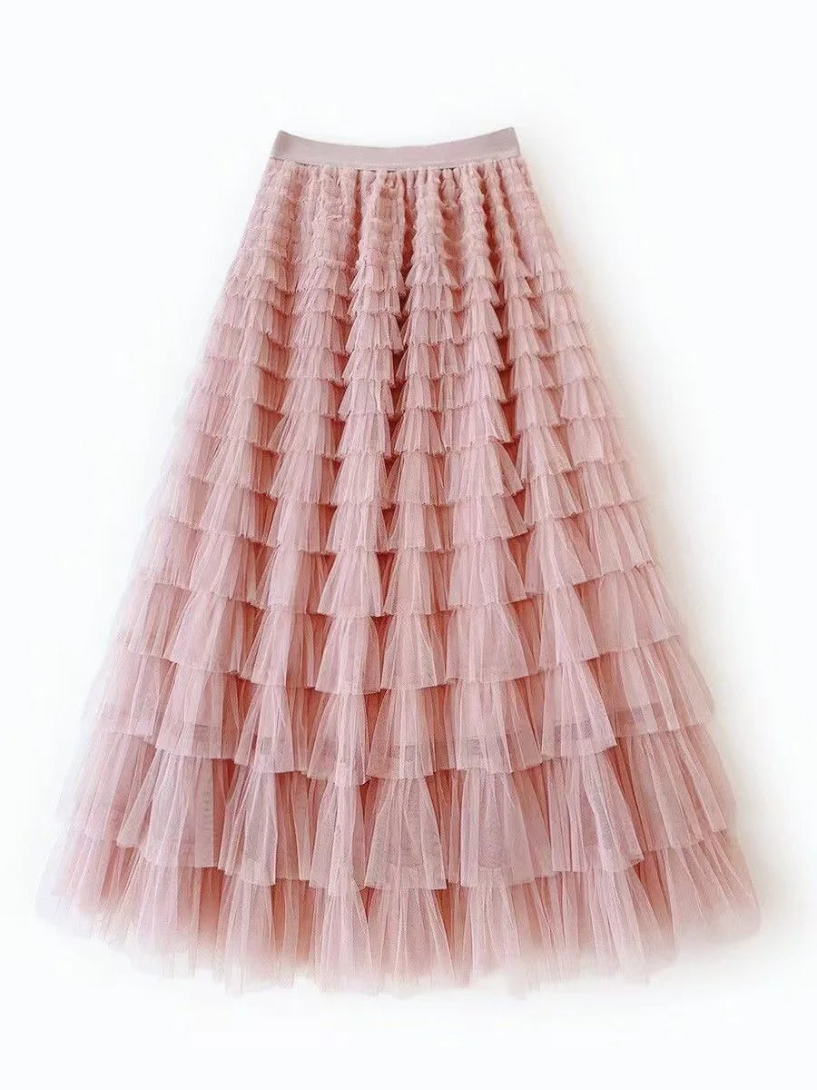 HOT Solid Multilayer Ruffle Mesh Skirt Women Boho High Waist Long Maxi Tulle Skirt Spring Summer Party Women's Clothing