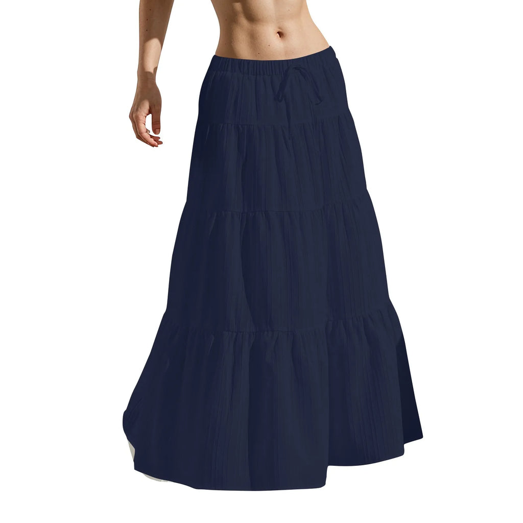 Women's Flared Ruffle Hem Maxi Skirt Fashion Women Solid Long Skirts Elastic Waist Elegant Long Skirt Spring Summer Cake Dress
