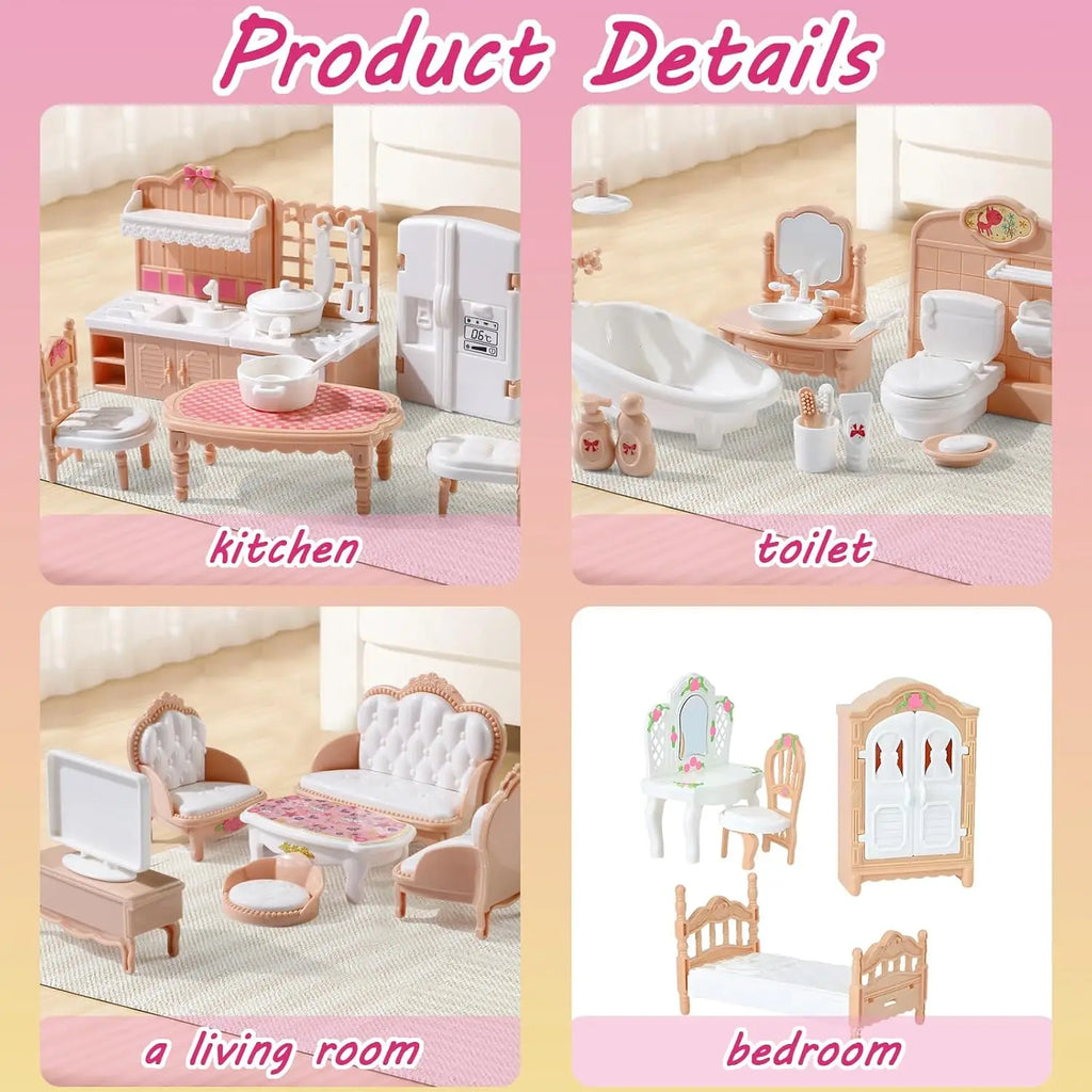 Dollhouse Furniture Set Accessories Doll House Mini Furniture Pretend Play Bedroom Living Room Bathroom Kitchen Kids Birthday