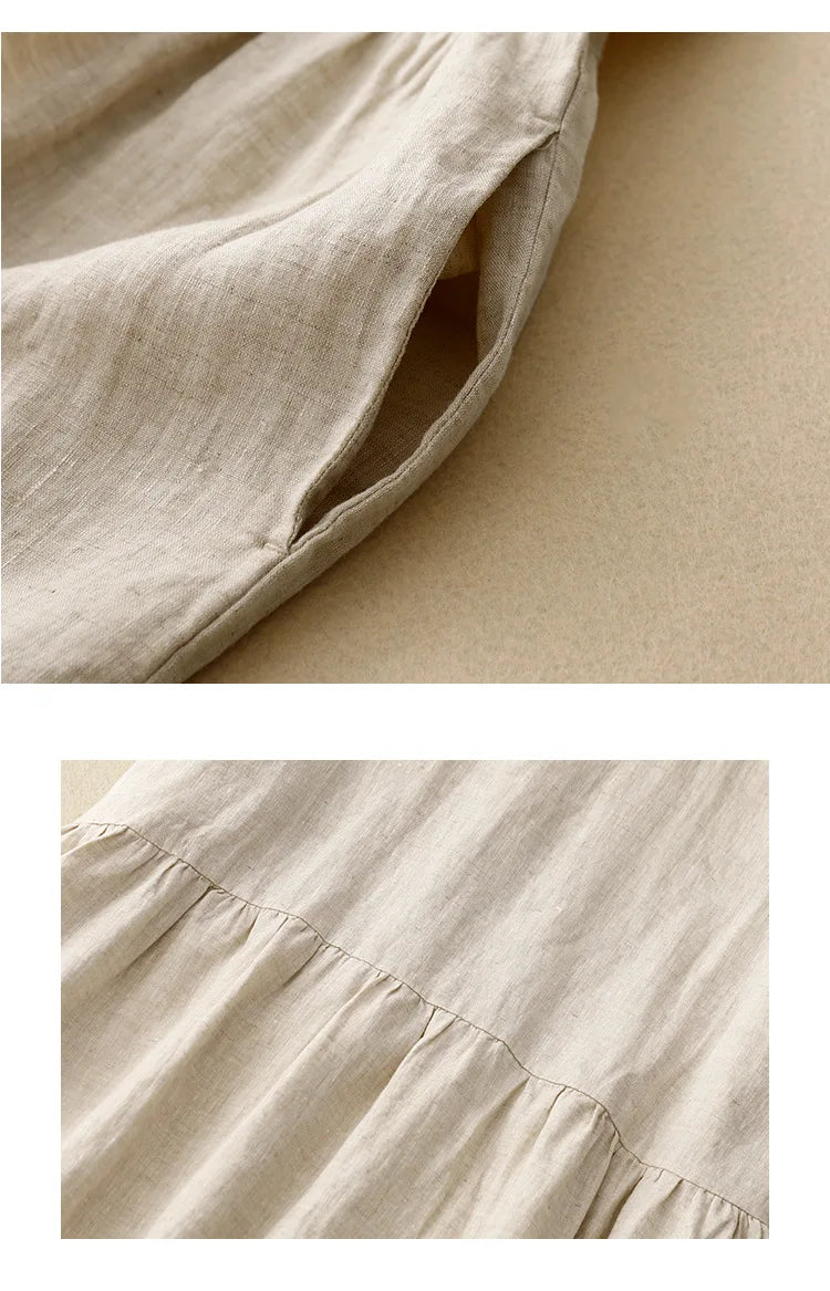 Korean Style Summer Fashion Solid Color Simple Basic Cotton Linen Dress for Women Good Quality Half Sleeve Elegant Frock Female