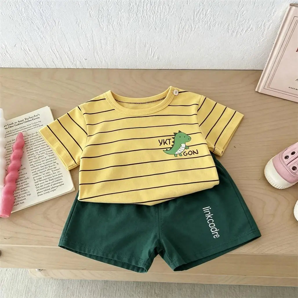 Boys Cartoon Outfit Set 2 Piece Short Sleeve Tee And Shorts Cute Summer Wear For Kids