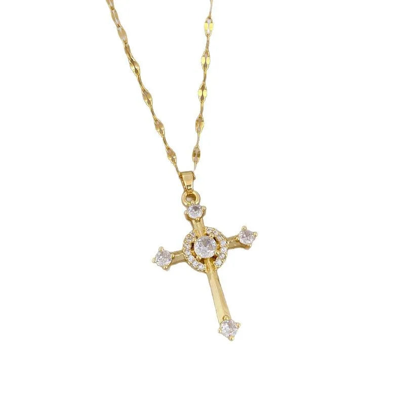 Full Zircon Cross Necklace for Women Gold Color Anti-Tarnish Titanium Steel Jewelry