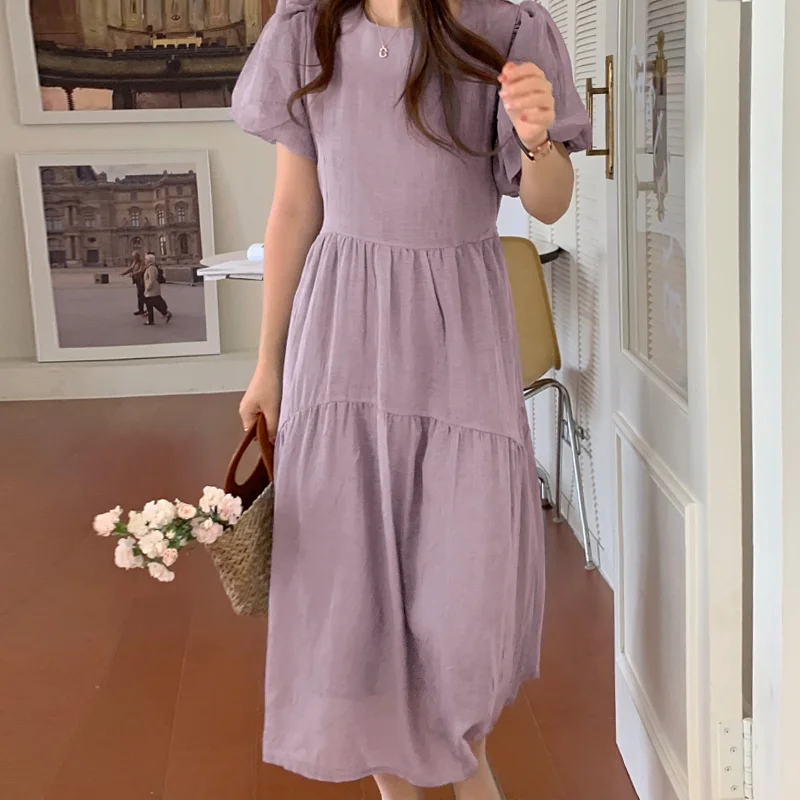 2026 Korean Summer Soft Round Neck Dress Women New Solid Color Loose Casual Dresses Female Mid-length A-line Vestidos E547