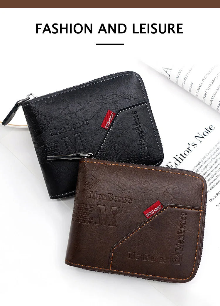 New Men Zipper Wallets Short Card Holder Vintage Male Wallet High Quality PU Leather Classic Coin Pocket Wallet For Boys