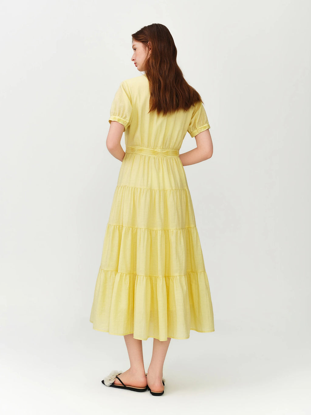 FSLE V-neck Puff Sleeve Pleated Waist Dresses Women New Summer 2026 High-waisted Cut Short Sleeve Mid-calf Length Fairy Dress