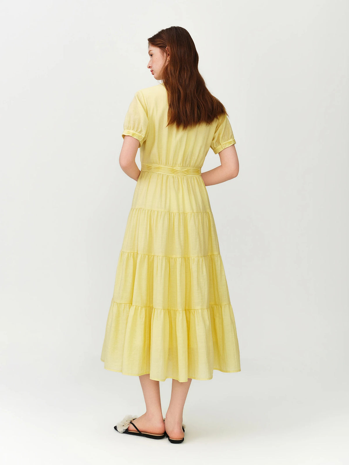 FSLE V-neck Puff Sleeve Pleated Waist Dresses Women New Summer 2026 High-waisted Cut Short Sleeve Mid-calf Length Fairy Dress
