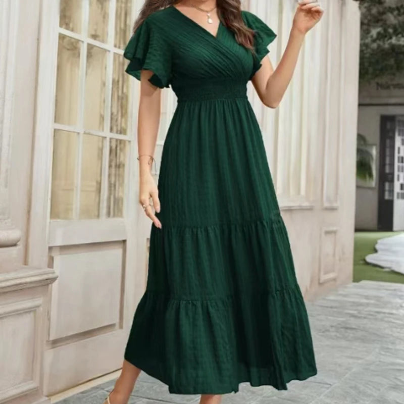 Elegant Women's Summer Casual Solid Color Long Dress Fashion Holiday Sexy V Neck Pleated Short Sleeve Maxi Dresses Vestido