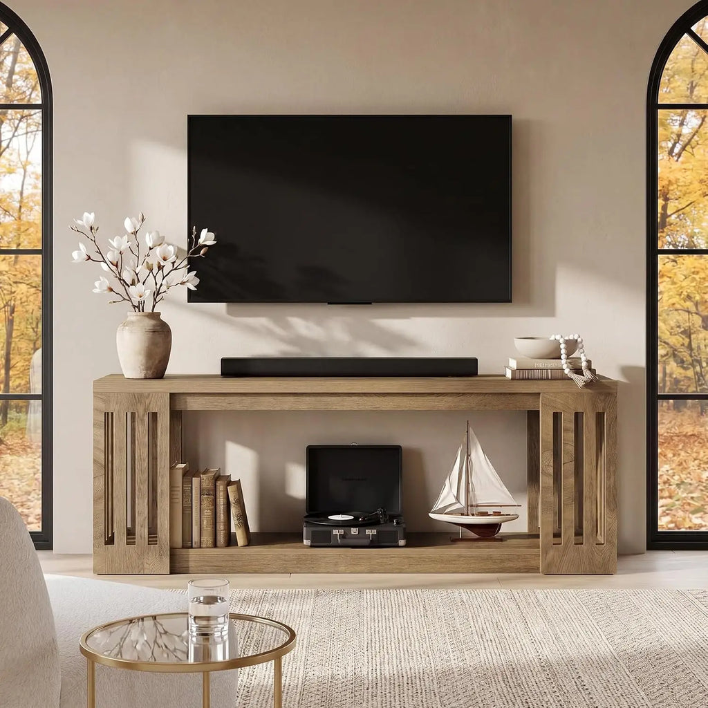 63-Inch TV Stand for 55/60/65/70-Inch TVs, Farmhouse Entertainment Center with 2-Tier Open Storage Shelves, Wooden Media Console
