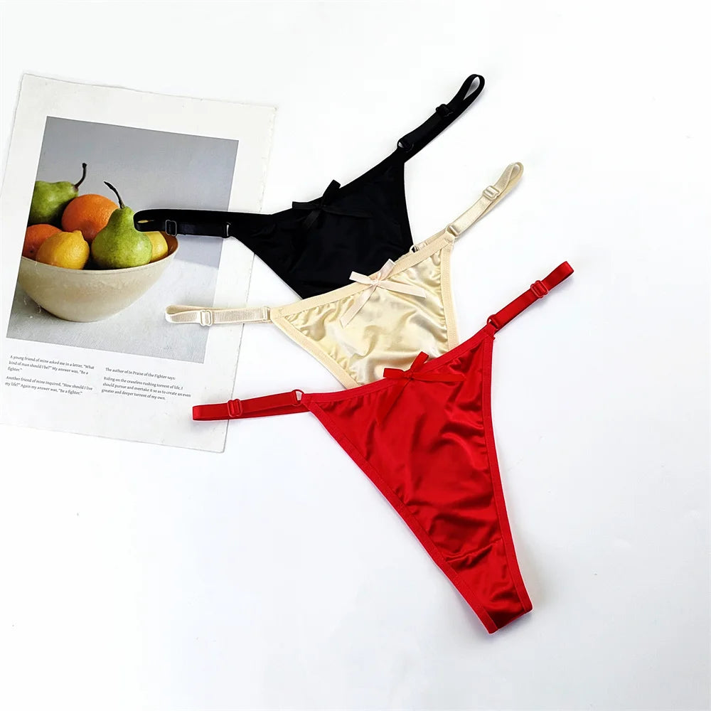 3PCS/Set Glossy Satin Pink Thong Adjustable Low Waist Women Smooth Silk G-string Sexy Plus Size Panty Set Underwear