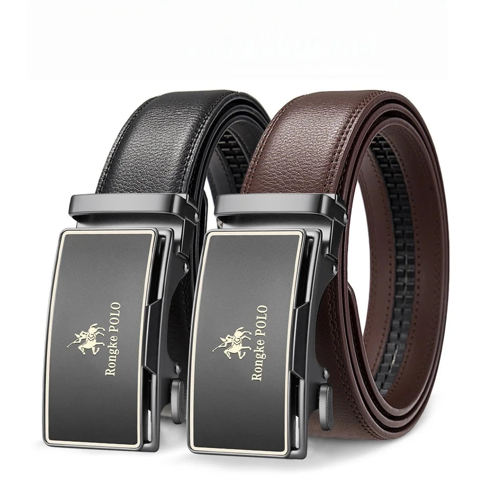 High Quality Black Brown Men’s Belt, Genuine Leather Material, Adjustable Automatic Ratchet Buckle, Cuttable Business Belt