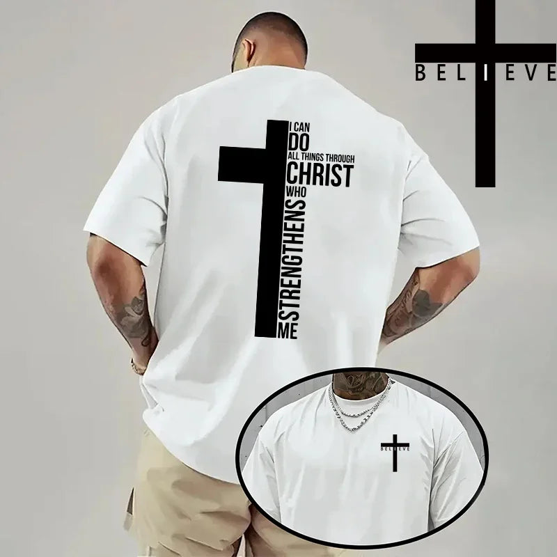 Men's Jesus Cross Print T-Shirt - Casual Short Sleeve Cotton Tee