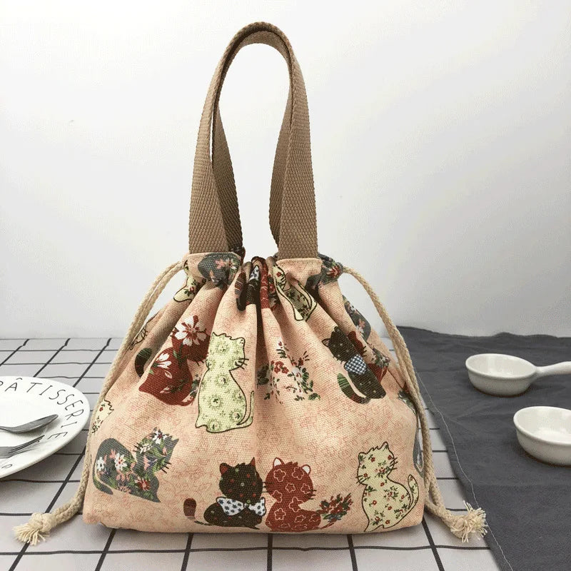 Bolsa de almuerzo de lona con cordón con diseño de anime de dibujos animados japonesa, bolsa plegable para dos fiambreras