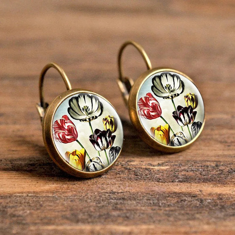 Hot Selling Pop Jewelry Dome Glass Alloy Earrings Flower Painting Noble Fashion
