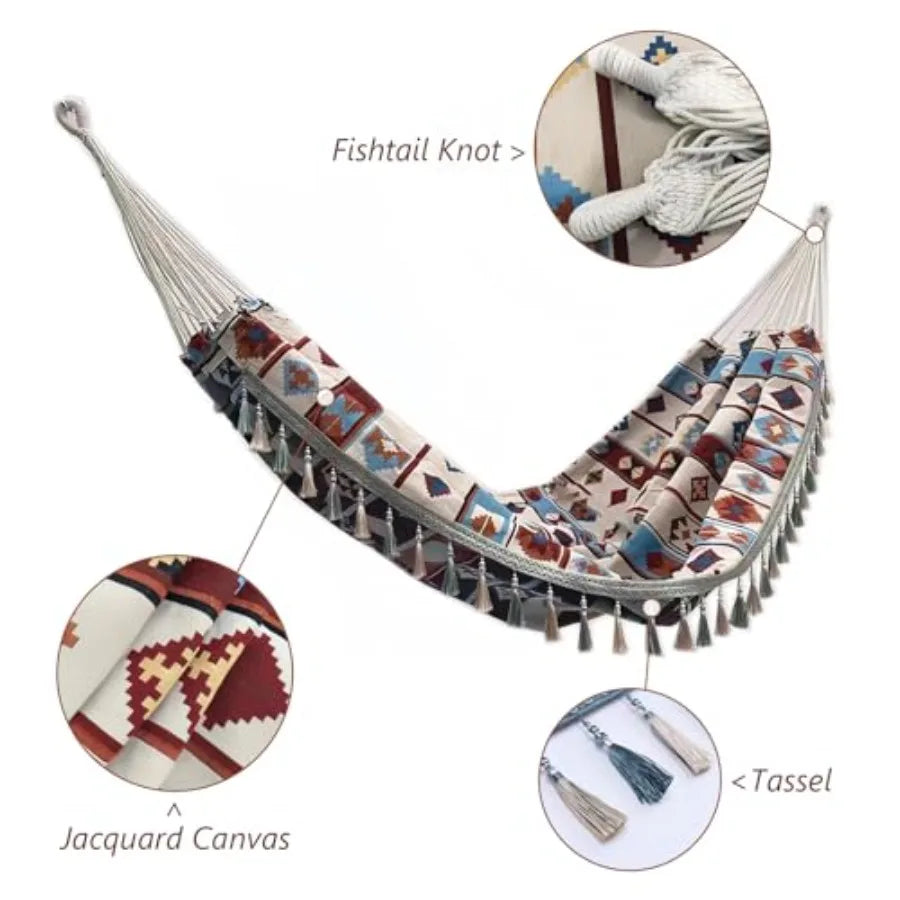 Double Boho Macrame Hammock with Tassels Portable 59''79'' Patio Hammock in Beige for Poolside Camping Porch Bedroom Balcony Ou