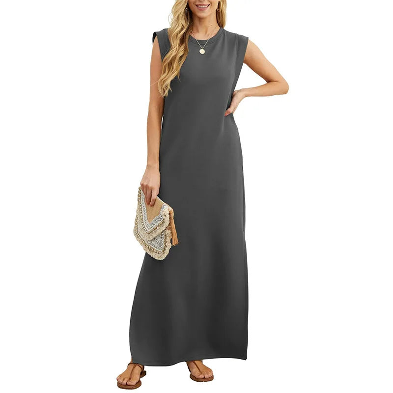 Lady Casual Solid Color Streetwear Summer Fashion Sleeveless Loose Long Dress Woman's Simple Style Slit Hem With Pocket Vestidos