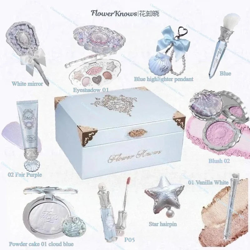 Flower Knows Shells Pearl Eyeshadow Essence Lip Honey Blush Cheek Makeup Front 11 pieces set