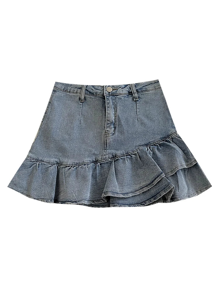 Personalized Asymmetrical Pleated Blue Denim Skirt High Waist Lining A-line Short Skirt Summer Fashion Hotsweet Women's Clothing