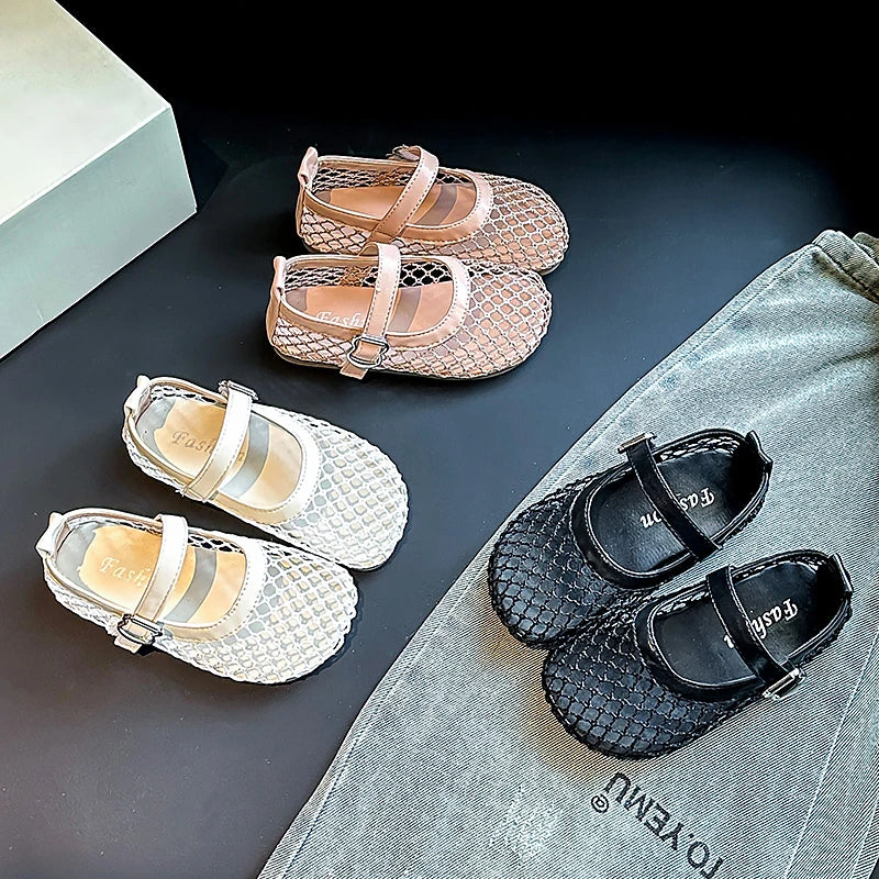 Children's Perforated Mesh Slip-on Shoes New Beige Breathable Boys' Girls' Leather Shoes Pink Soft Anti-slip Kids Baby Sandals