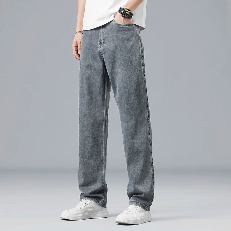 Summer Ultra-Thin Lyocell Men'S Jeans Drape Soft Fabric Loose Straight Casual Denim Pants Elastic Ice Silk Male Trousers