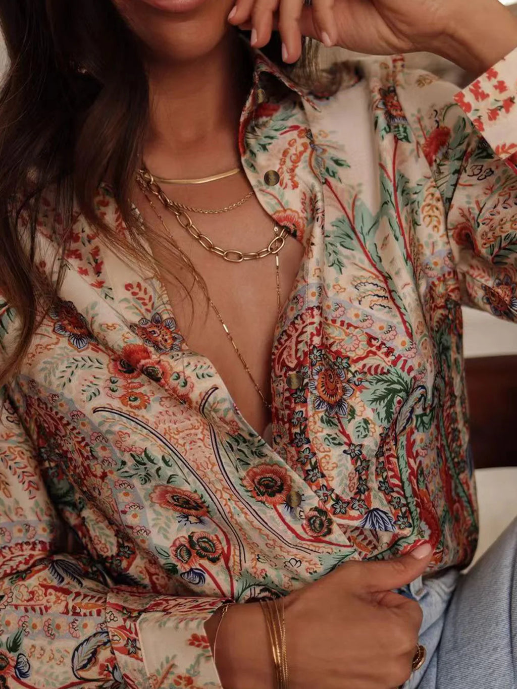 Women's Casual Printed Collar Shirt - Long Sleeve Loose Fit Top