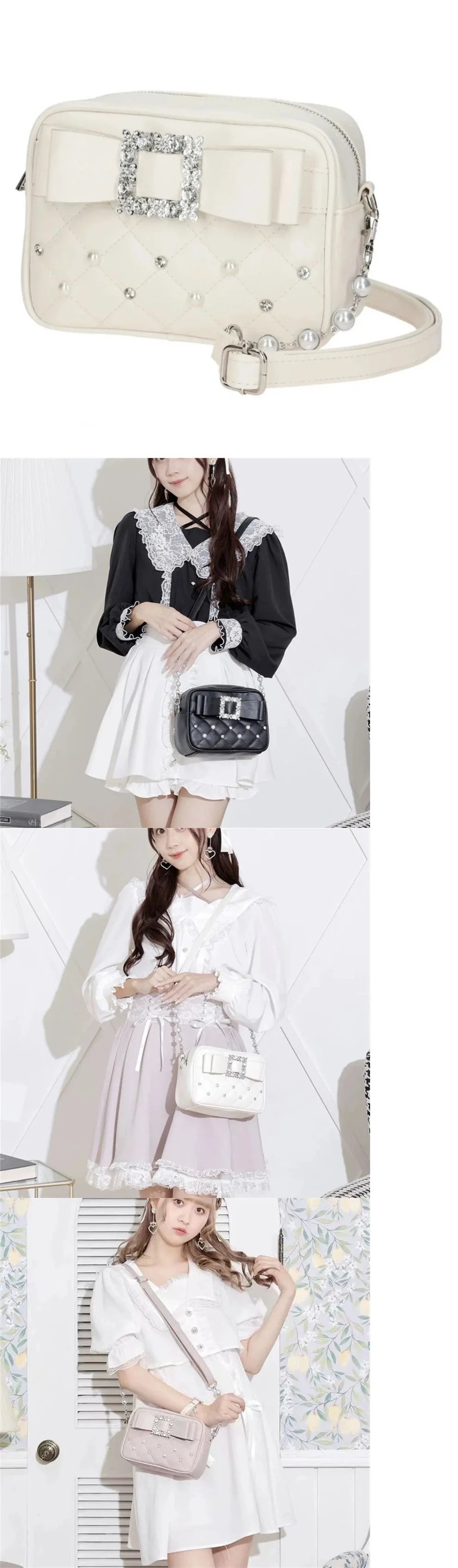 Sweet Knot Pearl Oulder Crossbody Bag Diamond Id Pattern Small Square Bag Faionable for Young Women Pearl Shoulder Rhinestones