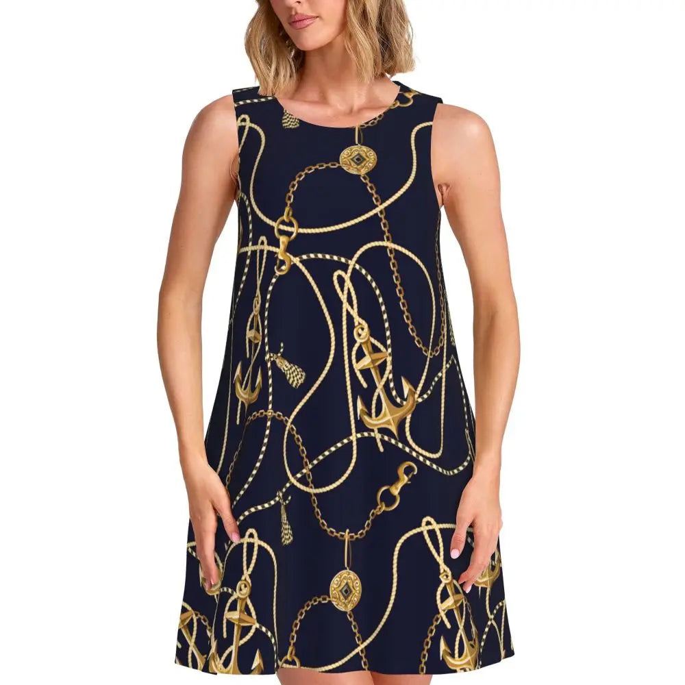 Gold Chains Print Casual Dress Anchor Korean Fashion Dresses Sleeveless Elegant Dress New Arrival Round Neck Lady Print Vestidos