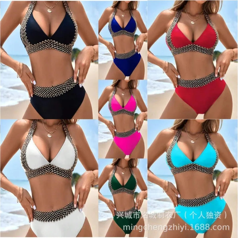 Women's High-Waist Deep V-Neck Bikini Set – Padded Wire-Free Two-Piece Swimsuit