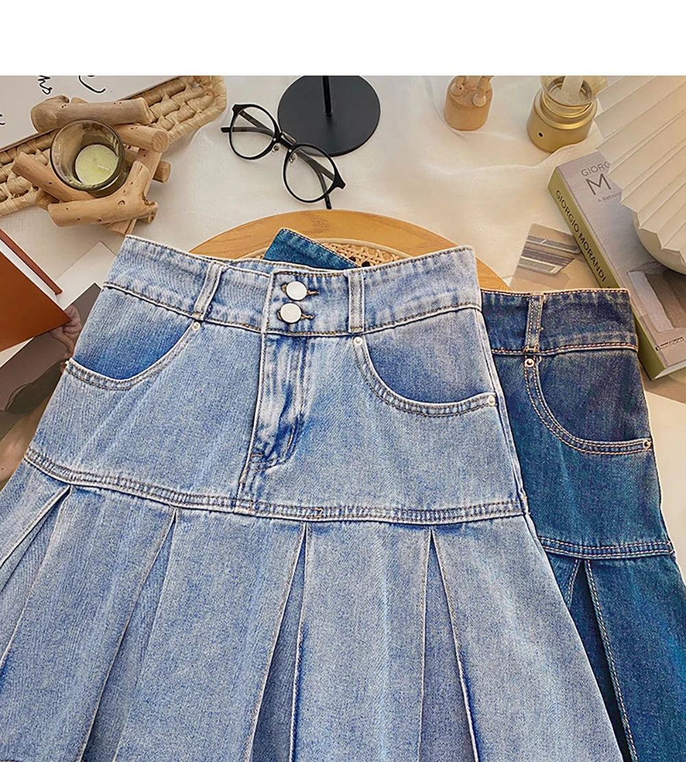 Women Pleated Denim Mini Skirt Summer High Waist Double Button Slim A-Line Skirts with Safety Shorts Y2K Style Party Wear Skirt