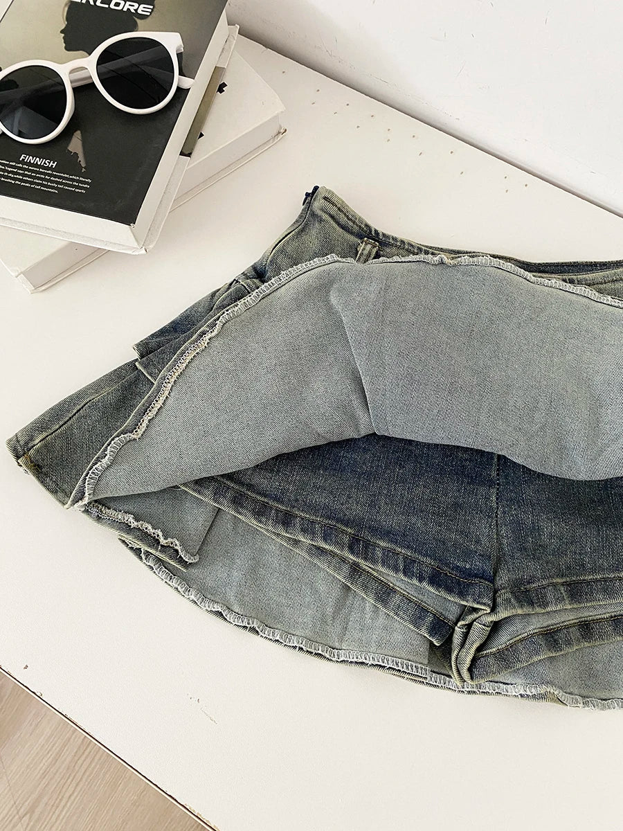 Low Waist Denim Skirt Women's Spring 2026 New Style Double Belt Anti-Light Short Skirt Casual High Waist Polyester Fiber