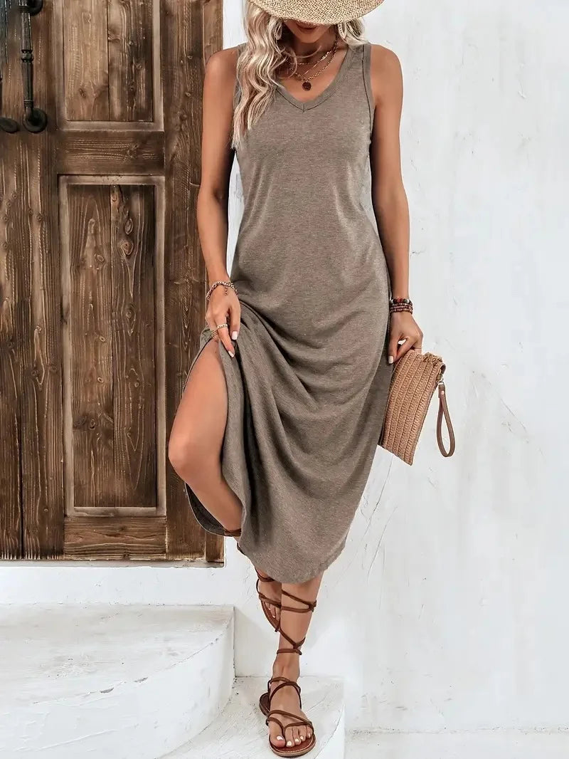 Summer Women's Sleeveless V-Neck Slit Mid-Length Dress Elegant Casual Maxi Dress for Warm Weather