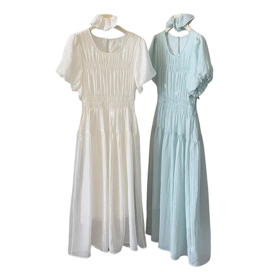 Temperament Dress 2025 Summer Korean Edition Reduced Age Bubble Sleeve Hundred Fold Waist Long Dress