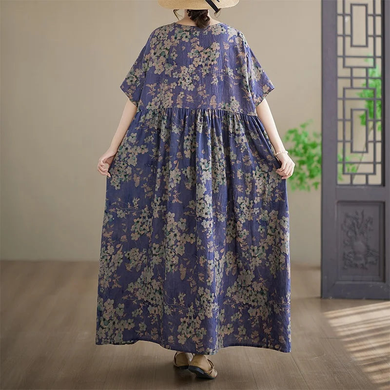 Anteef Women's Vintage Floral Cotton Maxi Dress - Short Sleeve Loose