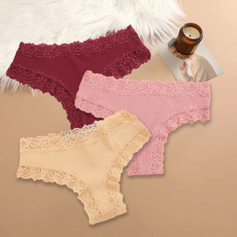 Women Cotton Panties Set 3 Pieces Floral Lace Patchwork Briefs Breathable Soft Underwear Size S XL