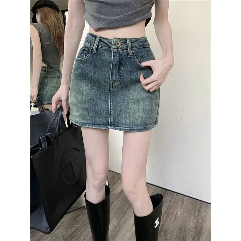 High Waist A-Line Mini Skirt Retro Spicy Girl Denim Women's Summer Slimming Anti-Light Half-length Skirt Street Style Trendy