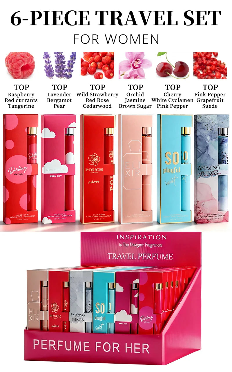 6-Piece Travel Set, Men's and Women's Eau De Toilette Spray, Long-Lasting Fragrance, 6 Different Flavors, Perfect for Holiday Gift