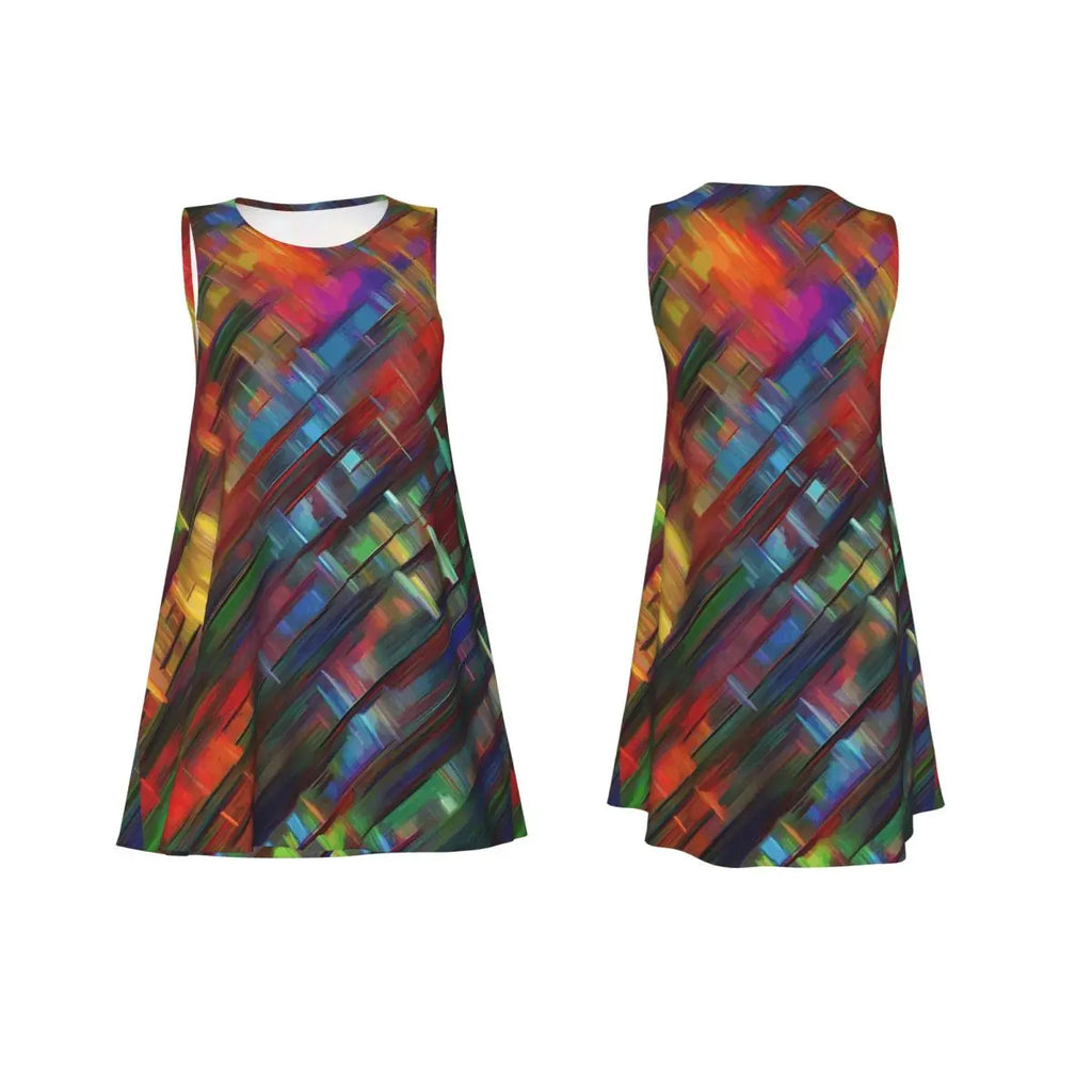 Abstract Brush Print Casual Dress Colorful Print Sleeveless Pretty Dresses Woman Crewneck Aesthetic Dress Spring Print Clothes