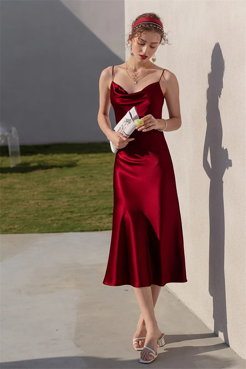 Sexy Spaghetti Strap Burgundy Vintage artificial silk Party Dresses Summer Women Satin Slip Dress Femme long Robe Vestidos