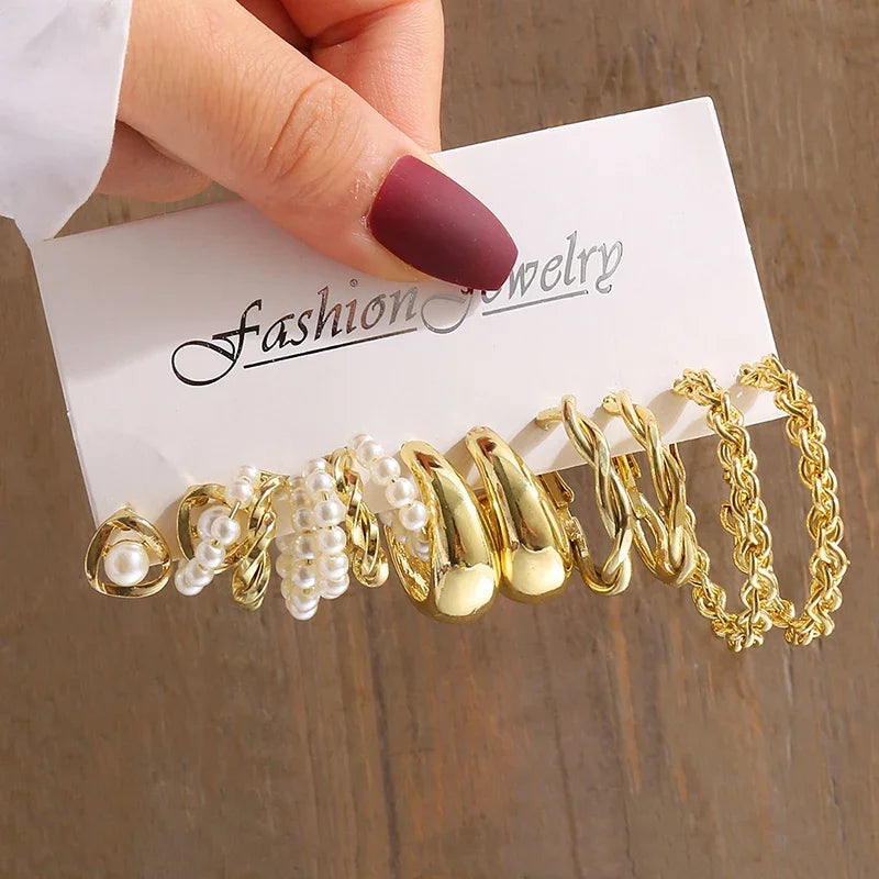 New Gold Color Vintage Geometry Pearl Earrings Set Metal Twine Square Dangle Earring Round For Women'S Trendy Jewelry