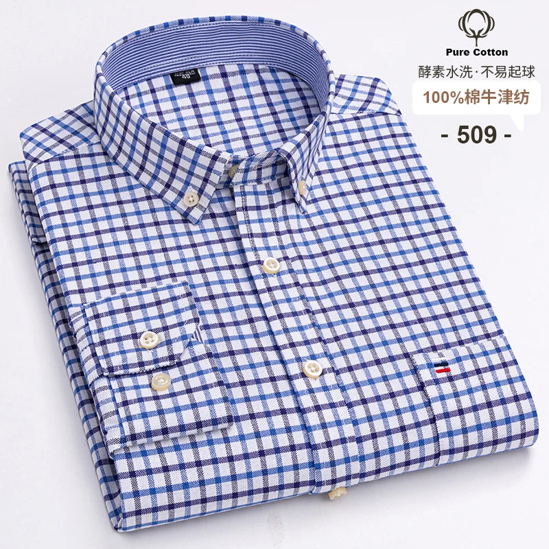 Men's Long Sleeve Plaid Oxford Shirt - 100% Cotton Button-Down