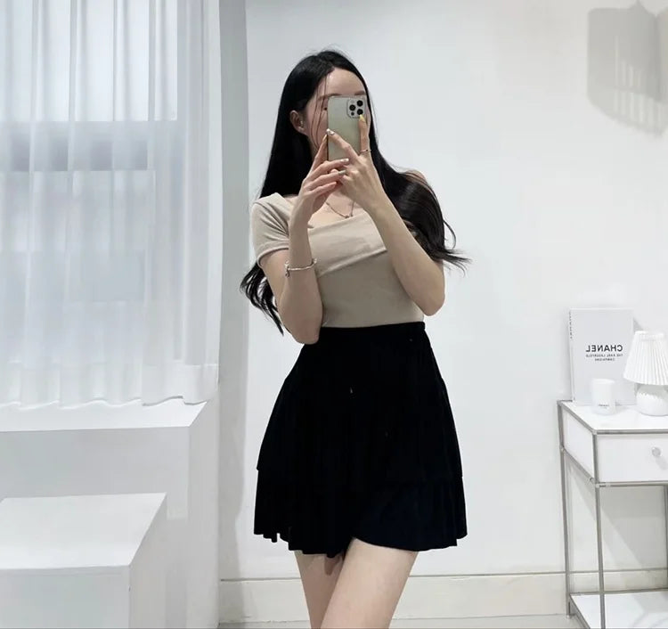 Slim Fit Short Sleeve T-Shirt Women's Summer Sexy Pure Desire Diagonal Collar Flip  Korean Style Commute Pure Color Top