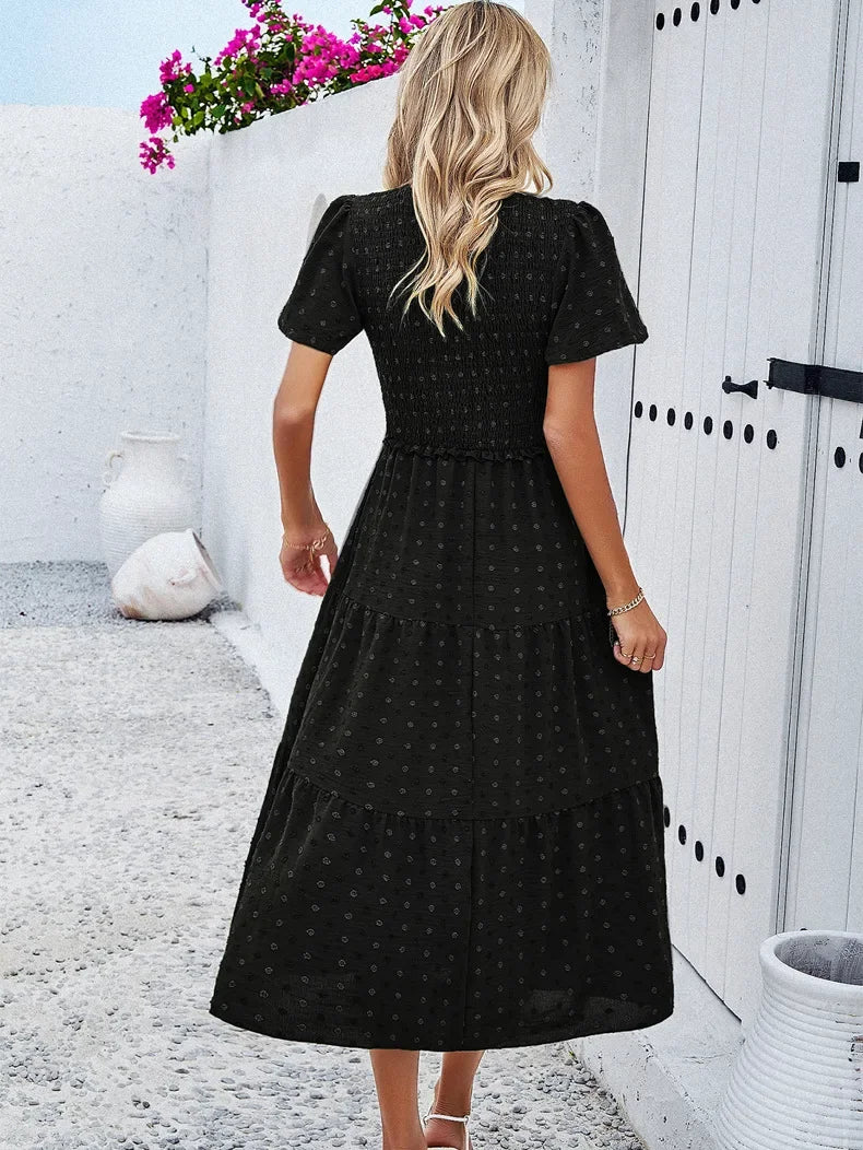 Summer Women's Casual Polka Dot Long Dress Vacation Boho Short Sleeve Solid V-neck Beach Sundress Elastic Waist Midi Dresses