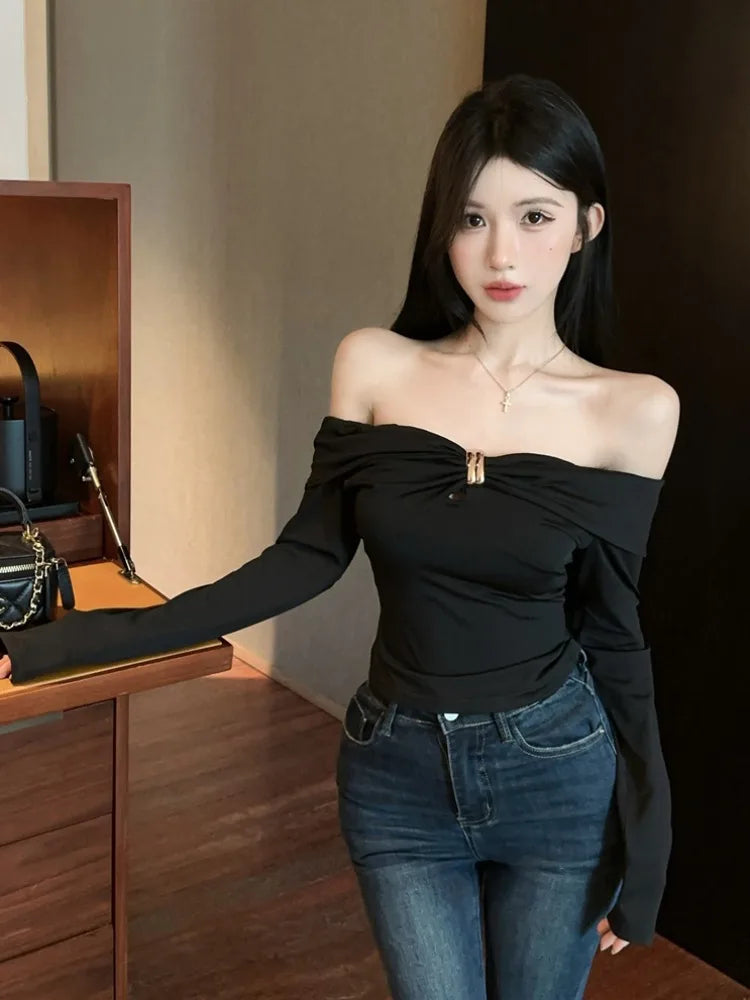 Sexy Hollow out Metal Long Sleeve T-Shirt Slim Fit Beautiful Design Shoulder Bared Autumn Fashion for Young Women Hollow out ...
