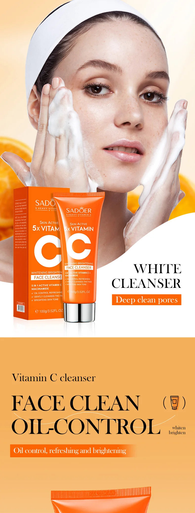 SADOER Vitamin C  Facial Cleanser Face Wash Foam Cleanser Deep Cleansing Moisturizing Brightening Hydrating Skin Care Products