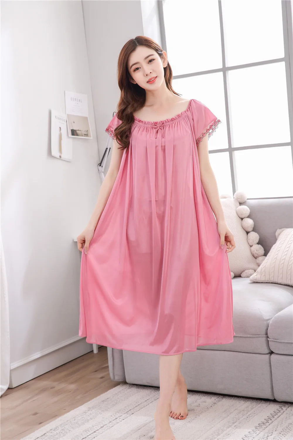 2026 New Women's Summer Imitation Silk Sleeping Skirt Multi Colored Short Sleeved Home Clothes Ice Silk Pajama Dress