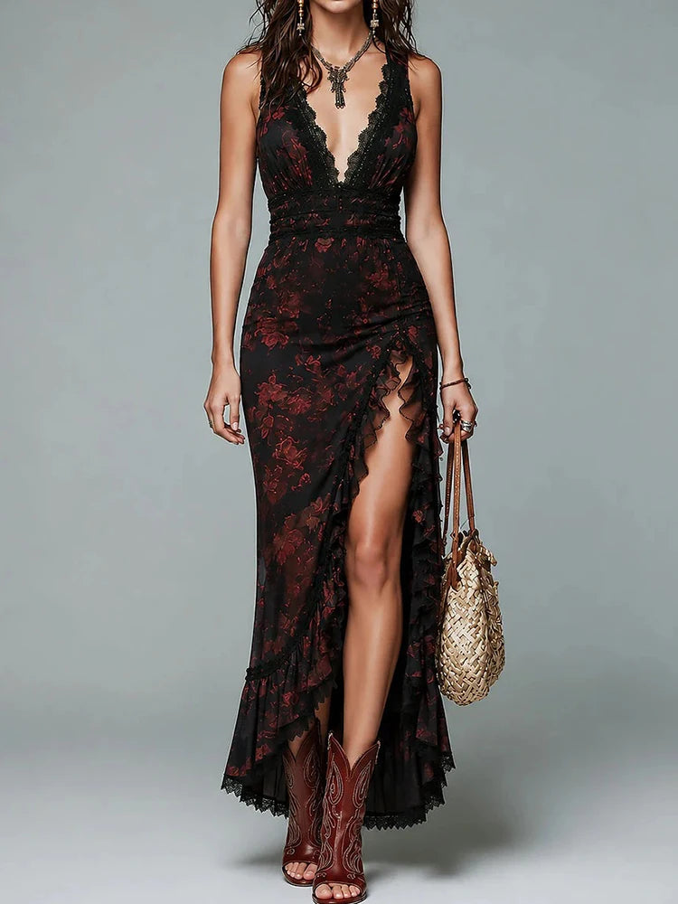Elegant Party Summer Holiday Print Ruffles Slim Ladies Dress Women Deep V Neck Sleeveless Lace Patchwork Maxi Dress Streetwear