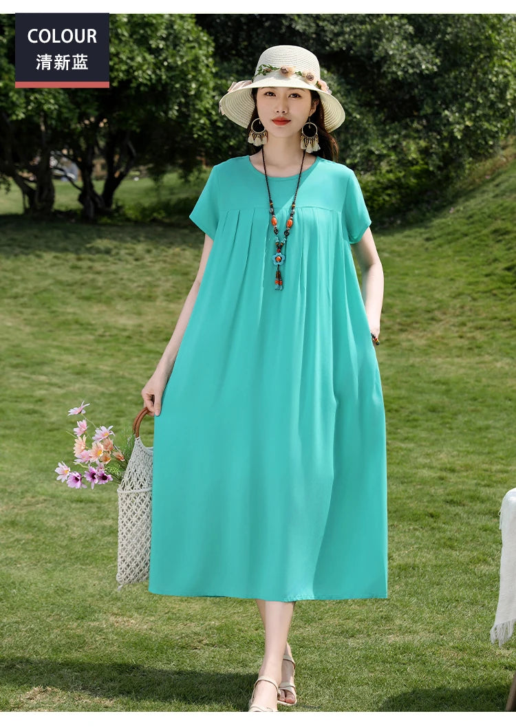New Fashion Casual 2025 Summer Elegant Dresses For Women O-Neck Print Vintage Short Sleeve Dress Loose Women Clothing