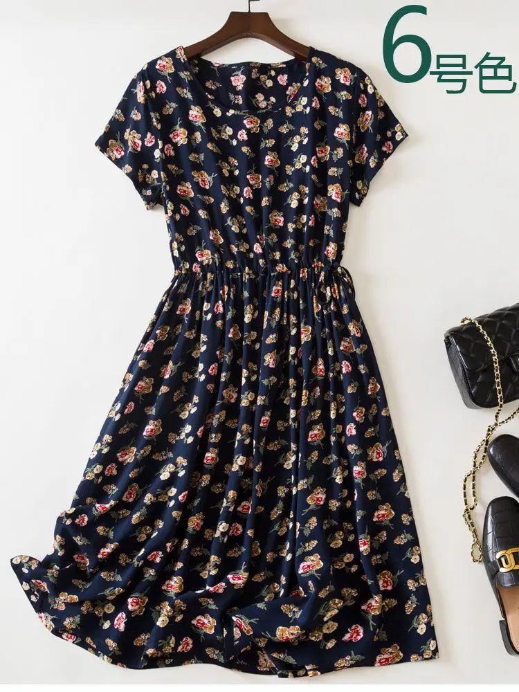 Cotton Silk Dress Women's Short Sleeved 2026 Summer New Ladies Slim Round Neck Temperament Beach Print Dresses